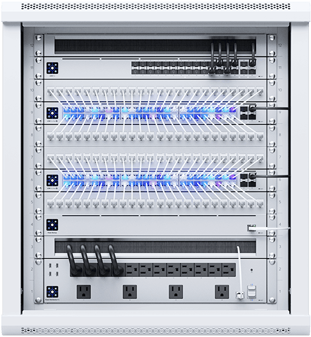 Ubiquiti UniFi network rack with switches and patch panels